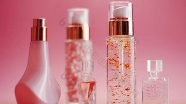 粉红背景、香水、香水和护肤瓶的化妆品、化妆品和化妆品促销